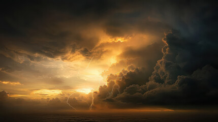 Obraz premium dramatic sky with dark storm clouds and bright lightning illuminates horizon, creating ethereal atmosphere