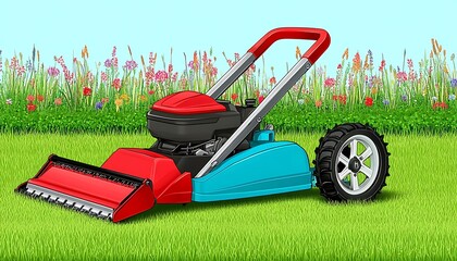Fototapeta premium Colorful Lawn Mower in a Vibrant Garden Setting.