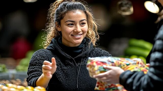 A young woman joyfully hands a bag of food to a recipient at a community food distribution event. The setting is lively with a sense of support and equality among volunteers and guests.