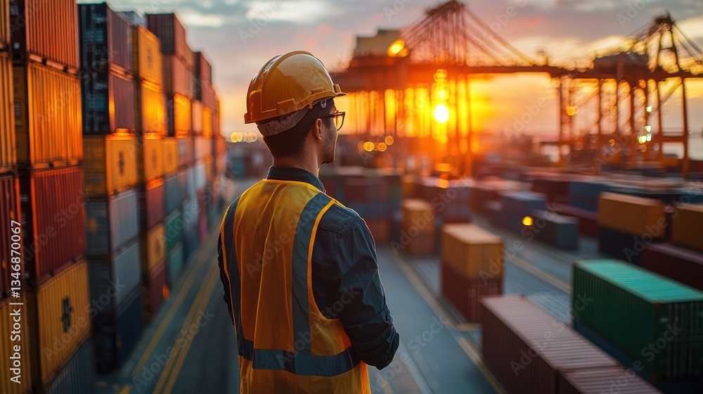 Poster logistics coordinator overseeing operations at shipping port during sunset, showcasing containers an