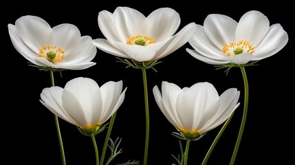 Tall green stems bear elegant white cosmos flowers, showcasing vibrant yellow centers in a minimalistic composition with soft bokeh