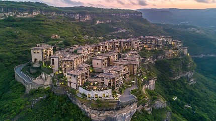 Naklejka premium Scenic Aerial View of Luxury Resort on Clifftop at Sunrise