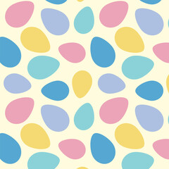 Colorful pattern featuring pastel colored Easter eggs in various shades of pink, blue, yellow, and aqua on a light background. Perfect for spring themed designs and decorations.