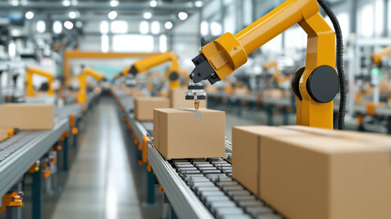 Robotic arms efficiently handle packages on conveyor belt in modern factory setting