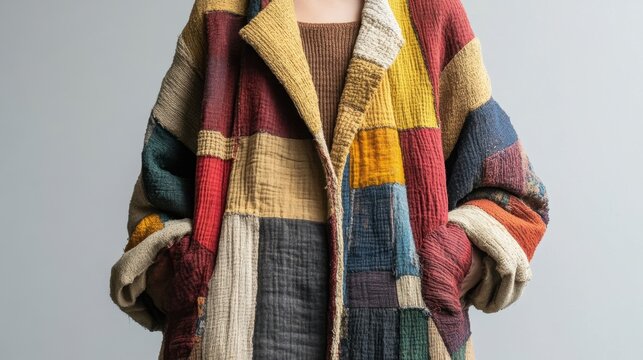 A model showcases a stylish, oversized jacket made from a vibrant mix of recycled textiles. The jacket features patchwork patterns in warm hues, combining comfort and eco-friendliness.