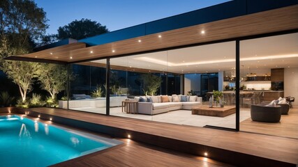 Fototapeta premium Modern home with pool and glass walls at dusk