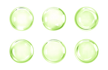 Transparent green liquid bubbles. Cosmetic oil, serum or essence. Skincare product. Concept skin care cosmetics solution. Vector illustration