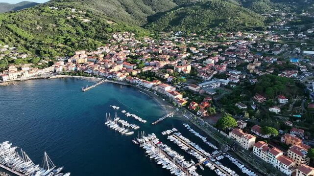 Aerial view of the village of Marciana Marina, Elba island, Livorno, Italy