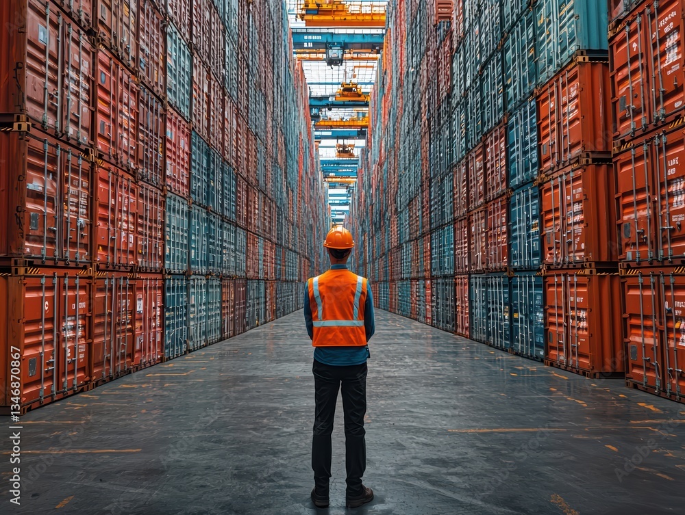 Poster logistics coordinator stands in shipping container yard, surrounded by colorful containers stacked h