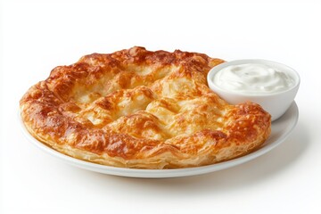 Golden burek delight with creamy yogurt a culinary treat on a white plate elegant presentation studio shot