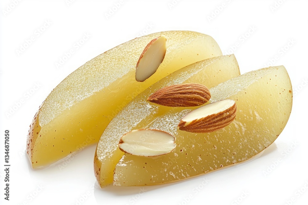 Poster appetizing pear wedges adorned with crunchy almond slices on shiny surface capturing simplicity and 
