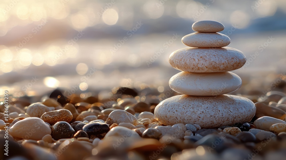 Poster serene stack of smooth stones balanced on pebbled beach, symbolizing tranquility and mindfulness. ge