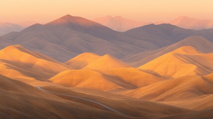 Naklejka premium Golden hour illuminates rolling hills and winding road in a mountain range.