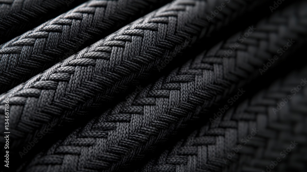 Poster close-up view of several dark gray or black braided cables showcasing a striking and intricate herbo