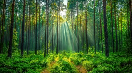 Obraz premium Sunbeams pierce a dense forest