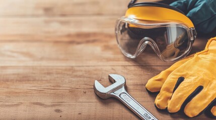 Safety equipment for maintenance services Concept, Safety Goggles and Fire Resistant Gloves on a Wooden Surface with a Wrench Tool for Protection During Work
