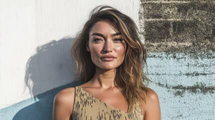 Fototapeta premium Woman with long hair poses against textured wall in bright sunlight in an urban setting