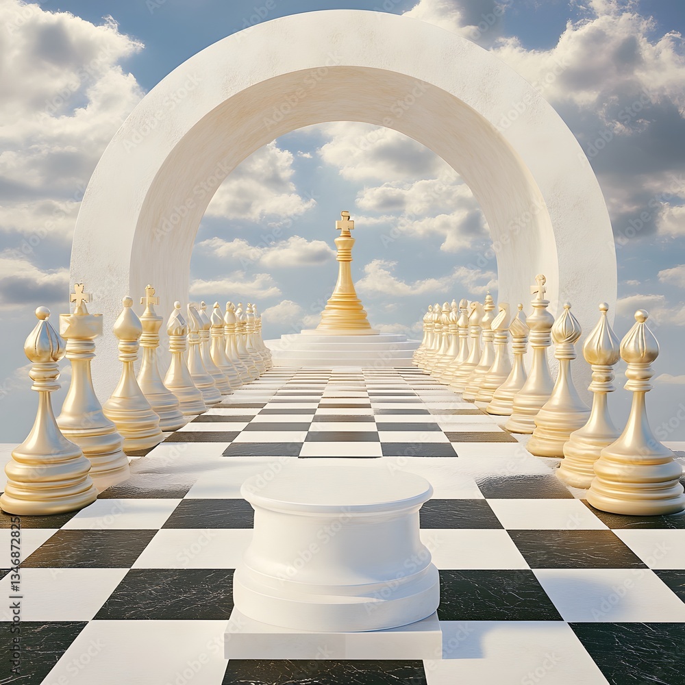 Poster a podium placed within a giant chessboard, representing intellect and strategy.
