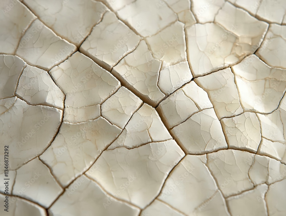 Poster close up view of cracked surface on pottery piece, showcasing intricate patterns and textures that e