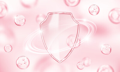 Transparent glass protection shield with molecules. Medical health protection concept