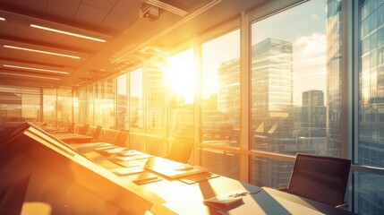 Fototapeta premium Bright sunlight streams into a modern office conference room with scenic city skyline view