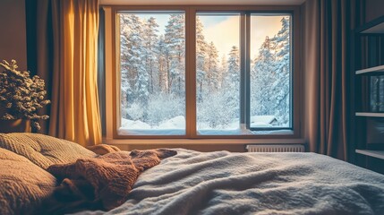 Cozy bedroom with a warm blanket and a snowy forest view through a large window at sunset