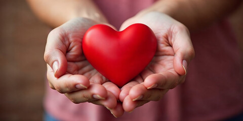 heart on hand for philanthropy woman holding red heart in hands for valentines day or for world kindness day. Generative AI