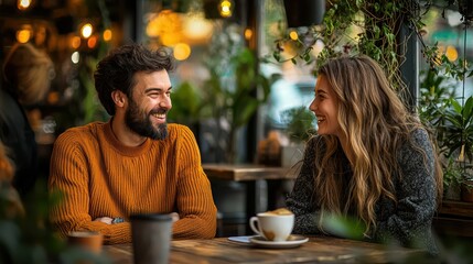 Casual meeting coffee shop smiling couple indoor plants warm atmosphere friendship enjoying conversation cozy setting natural light relaxed vibe
