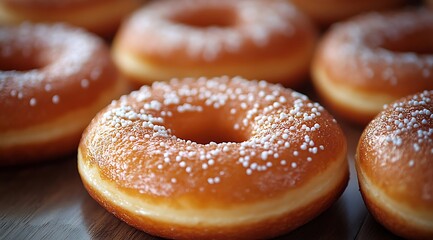 Freshly baked donuts with sprinkles arranged on a wooden surface