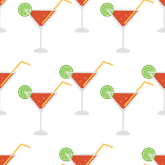 Seamless pattern with Cosmopolitan cocktails with lime and straw on white background. Summer refreshing alcoholic drink. Design for bar. Vector flat illustration for wallpaper, textile, packaging