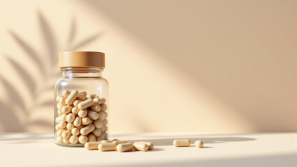 Clear bottle filled with light yellow-colored magnesium glycinate capsules on a light gray surface against a soft cream wall. Sunlight creates a warm glow on the table.