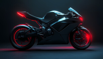 Fototapeta premium The Road's Silhouette: A sleek, black motorcycle, illuminated by radiant red lights, cutting a dynamic form against a dark, stylized backdrop, embodying speed and modern engineering.