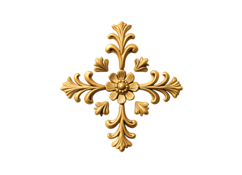 An ornate golden floral cross, a symbol of elegance and timeless beauty, with intricate detailing against a pure white background.