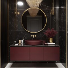 Luxurious black marble bathroom with round mirror and elegant lighting fixture