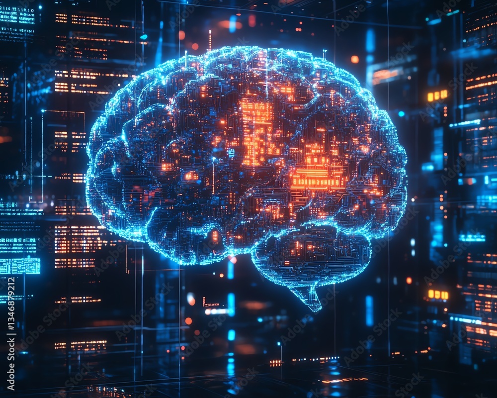 Poster Glowing AI brain with intricate technological layers