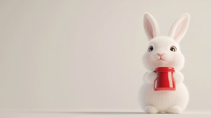 Obraz premium Cute white bunny holding red jar, studio background, Easter