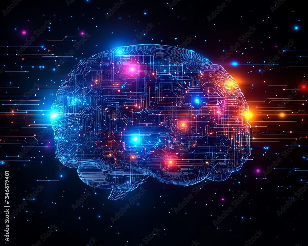 Poster Neon AI brain with pulsating energy waves, floating in a digital matrix, complex circuit board patterns, futuristic technology theme, 8K resolution, stunning lighting effects
