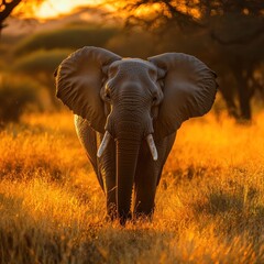 Obraz premium Majestic elephant in golden savanna sunrise