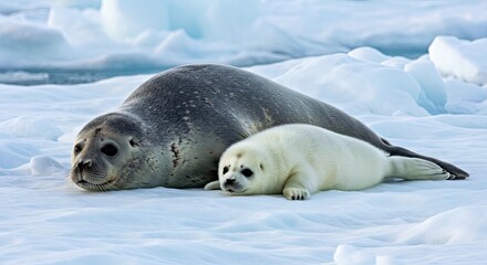 A Bearded Seal Pup, Covered in Soft, Light-Gray Fur, Lies Curled up Beside Its Massive Mother on a Thick Sheet of Arctic Ice