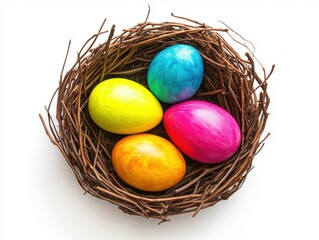 Obraz premium Colorful Easter Eggs in Nest on White Background
