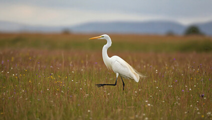 Fototapeta premium Graceful Heron: A solitary heron strides confidently through a vibrant meadow, its stark white plumage contrasting beautifully with the earthy tones of its surroundings.