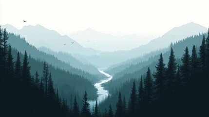 Obraz premium Misty Mountain River Valley Landscape Panorama.