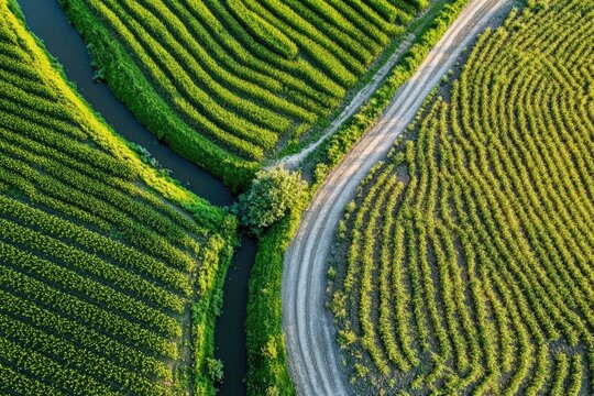 Aerial view of a farm with keyline water management, directing water efficiently