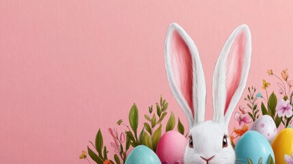 Easter wallpaper Concept, Charming Watercolor Easter Bunny with Colorful Eggs and Flowers on Soft Pink Background for Seasonal Decor