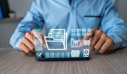 Business file storage and organization. Businessman stores and reviews important documents from his smartphone