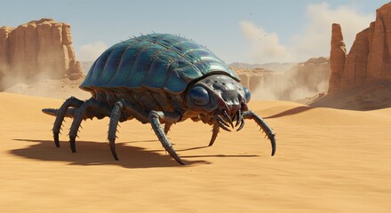 Obraz premium Giant Alien Bug Crawling Across Desert Landscape with Rocky Formations