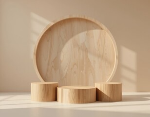 Minimalist Wooden Product Display Podium with Round Backdrop and Soft Light