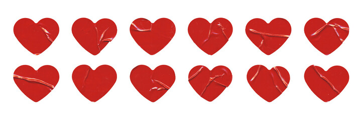 Big set of twelve red glossy paper hearts with creases, blank love sticker on transparent background