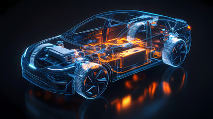 Electric Car Anatomy: A detailed, ethereal illustration unveils the intricate mechanics of an electric car, highlighting its advanced technology and sustainable design.