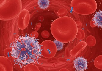 Microplastic in Human Blood. Microbeads and Microplastics pollution concept. Red and white blood cell with plastic particles. For medical, health, laboratory chemistry and environmental research.